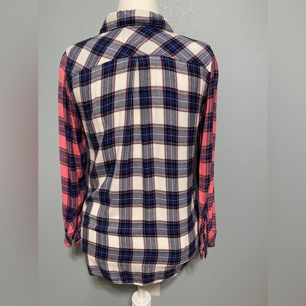 Rails Hunter Plaid Button Down Shirt Blue Pink Contrasting Sleeves Boho Large - Picture 4 of 9